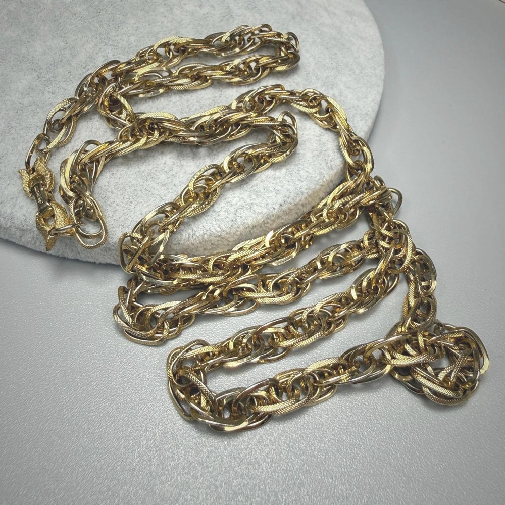 Vintage Kramer Gold Tone Textured Double Link Chain Necklace c. 1960s 34"
